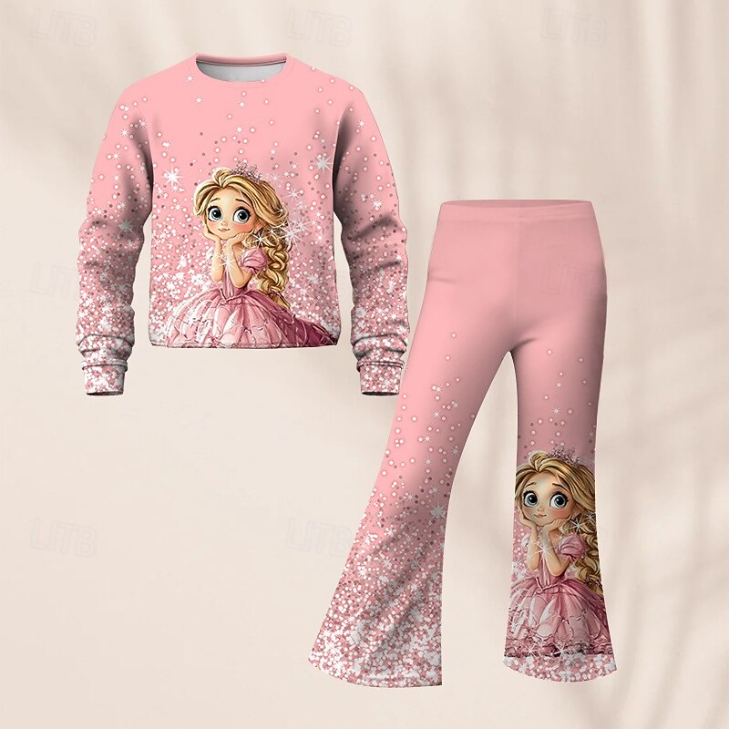 Girls' 3D Graphic Cartoon Sports Suit Tracksuits Sweatshirt & Flare Pants Set Long Sleeve Spring Fall Daily Casual Kids 4-12 Years Crew Neck Outdoor Vacation Sports Tailored Fit3