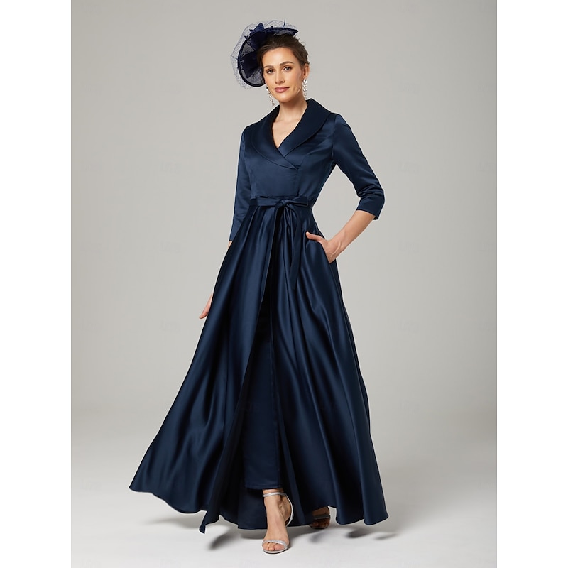 Jumpsuit Mother of the Bride  Elegant Party Simple Shirt Collar Ankle Length Satin 3/4 Length Sleeve with Bow(s)4