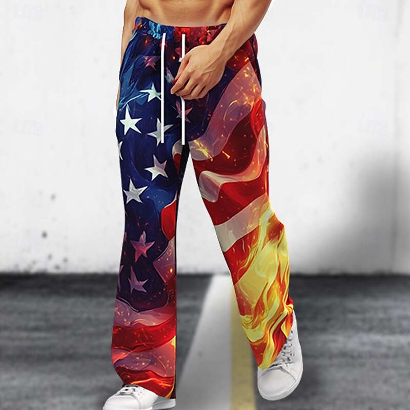 Men's American Flag Patriotic Trousers Baggy Pants Casual Pants Mid Waist Hawaiian Retro Vintage Outdoor Holiday Beach Wide Leg Elastic Drawstring Waist Summer Spring 3D Print Red