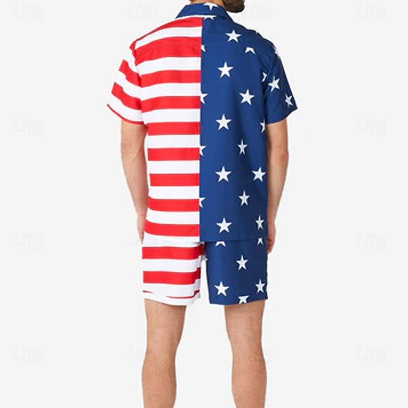 Men's American US Flag 2pcs Shirts Sets Shirt Short Sleeve Short Pants Cuban Collar Vacation Street Style Party Casual Daily 3D Print Summer Robin's Egg Blue2