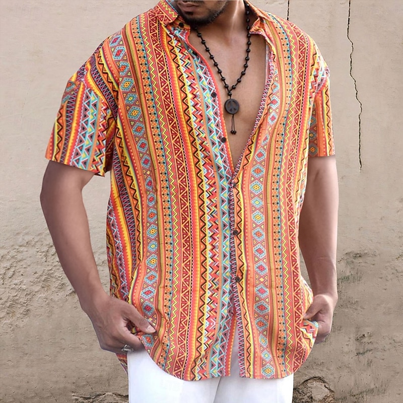 Men's Floral Tribal Vintage Shirt Boho Shirt Summer Hawaiian Shirt Short Sleeves Shirt Turndown Fashion Streetwear Designer Outdoor Street Casual Black Purple Orange S M L2