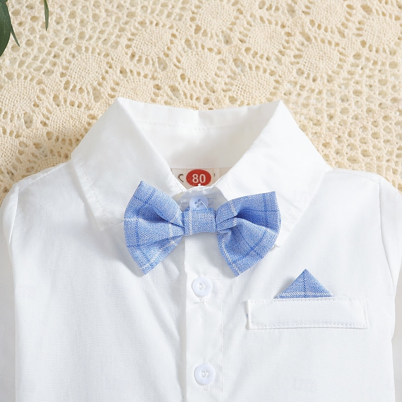 3 Pieces Ring Bearer Suit Boys Kids Toddler Shirt & Pants School Formal Anniversary Fashion Gentle Plaid V Neck White Cotton4