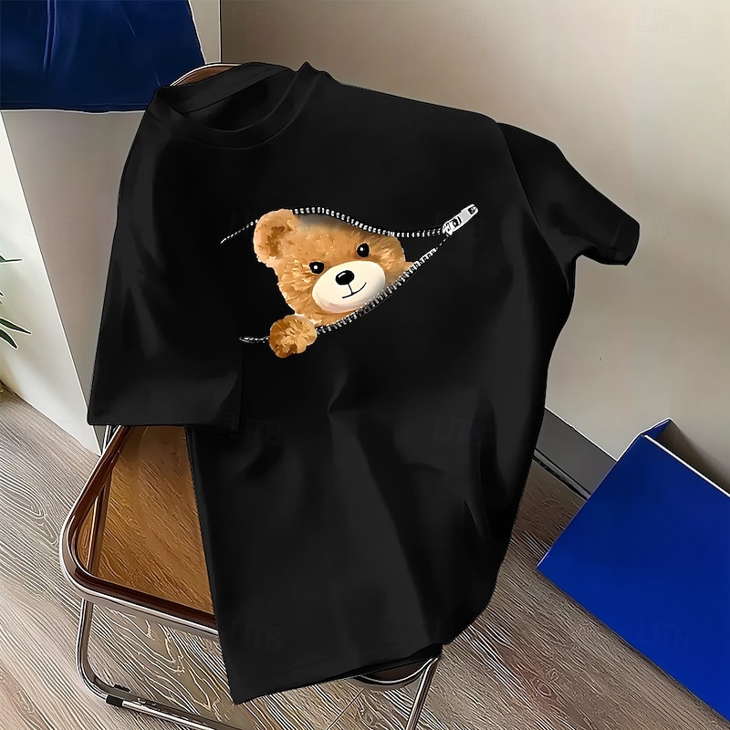 Men's Bear Funny T Shirt 100% Cotton Short Sleeve Graphic Shirt Heather Gray Black White Comfortable Tee Vacation Street Fashion Designer Clothing