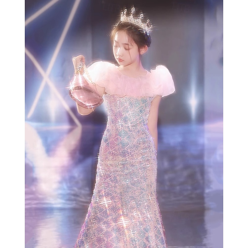 Kids Girls' Dress Mermaid Short Sleeve Performance Party Mesh Puff Sleeve Adorable Costume Polyester Maxi Casual Dress Trumpet Mermaid Dress Summer Spring 4 years+ Pink4