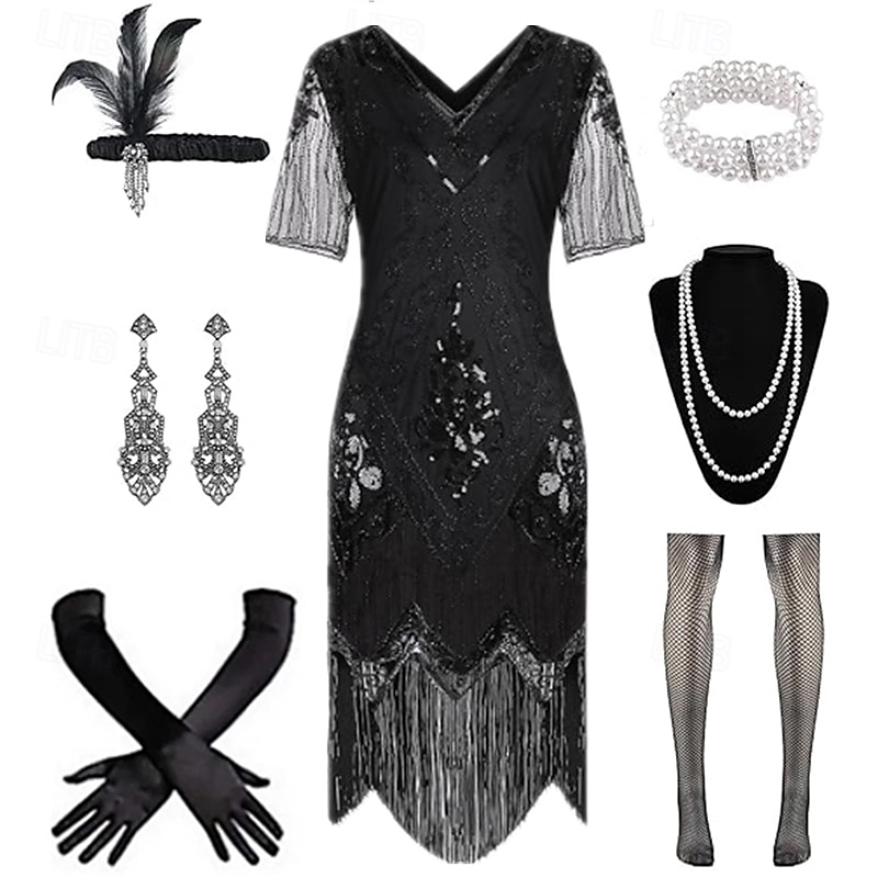 1920s The Great Gatsby Party Costume Masquerade Illusion Sleeve The Great Gatsby Tassel Fringe Sequin Tassel V Neck Fancy Dress Women's Halloween Carnival Bachelorette Party Adults' 1 Bracelet Dress2