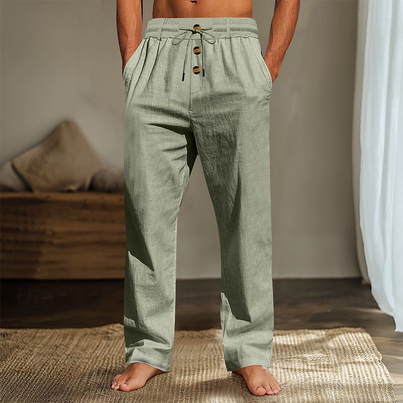 Men's Linen Pants Trousers Summer Pants Beach Pants Drawstring Elastic Waist Straight Leg Plain Comfort Breathable Full Length Home Casual Daily Fashion Classic Style Black White3
