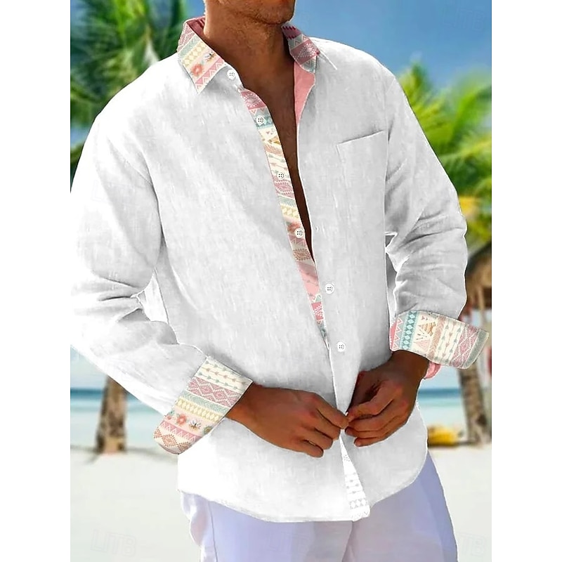 Men's Shirt Summer Shirt Casual Shirt Beach Shirt Button Up Shirt White Pink Sky Blue Orange Long Sleeve Plain Pattern Lapel Vacation Hawaiian Button-Down Clothing Apparel Polyester Fashion Casual3