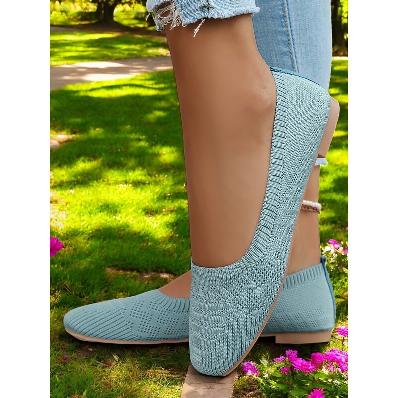Women's Light Blue Knit Flats – Breathable Square-Toe Slip-On Shoes with Cushioned Insole for Work & Casual Wear2