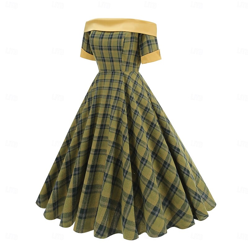 Elegant 1950s Vintage Inspired Knee Length Dress A-Line Dress Tea Dress Plaid A-Line Fancy Dress Women's Christmas Carnival New Year Homecoming Daily Wear Bachelorette Party Adults' Homecoming Dresses3