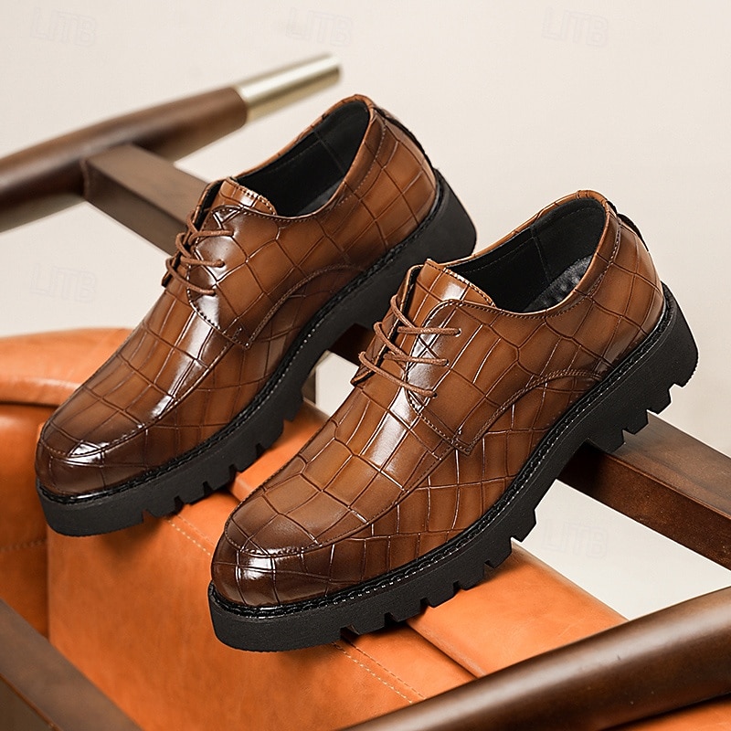 Men's Brown Derby Shoes - Faux Leather with Crocodile Texture Embossing, Stylish and Versatile Footwear for Men, Ideal for Casual, Office and Everyday Wear4
