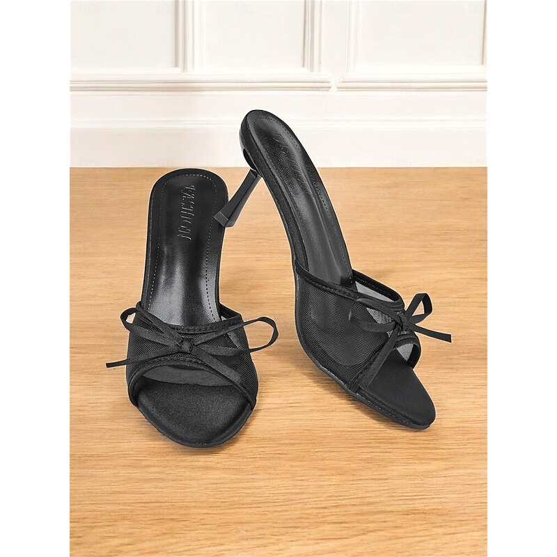 Black Mesh High Heels with Satin Bow Detail – Chic Open-Toe Party Shoes for Women, Perfect for Evening Events and Social Gatherings2