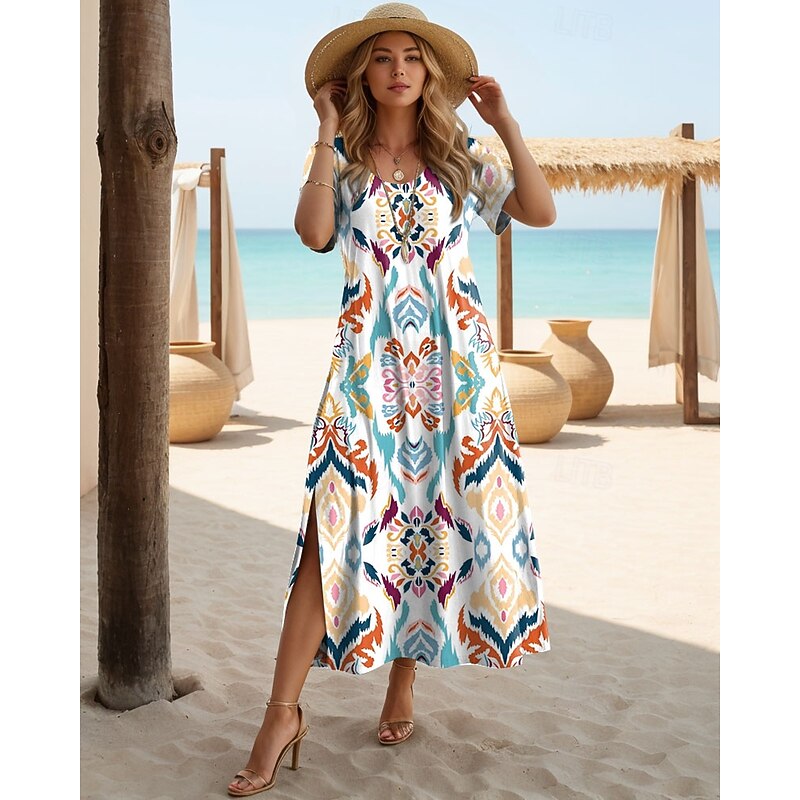 Women's Maxi Dress Black Dress Long Sleeve Boho Dress Elegant Vintage Butterfly Sleeve Vacation Beach Regular Fit Floral Graphic Vintage Short Sleeve Crew Neck Blue Purple Orange Summer
