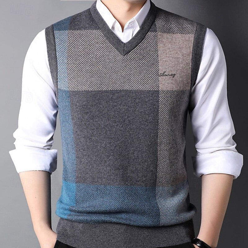 Men's 100% Wool Sweater Vest Knit Check Pattern Plaid V Neck Knitwear Elegant School Formal Clothing Apparel Spring Fall Dark Green Light Grey S M L3