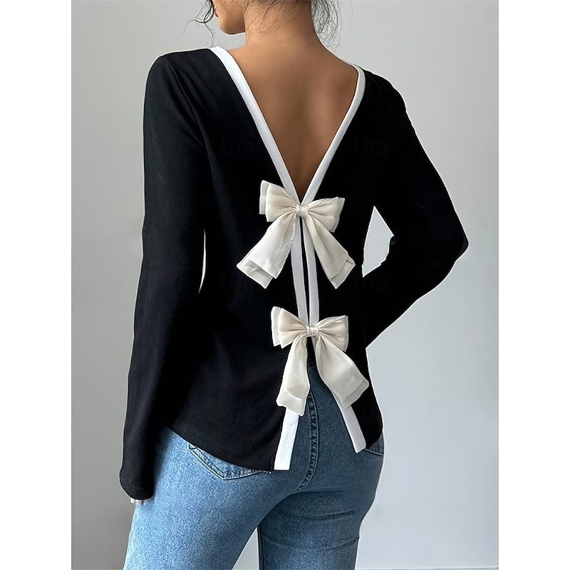 Women's Blouse Solid Color Stylish Casual Long Sleeve Crew Neck Regular Tops Daily Holiday Going out Backless Black Spring Fall Winter3