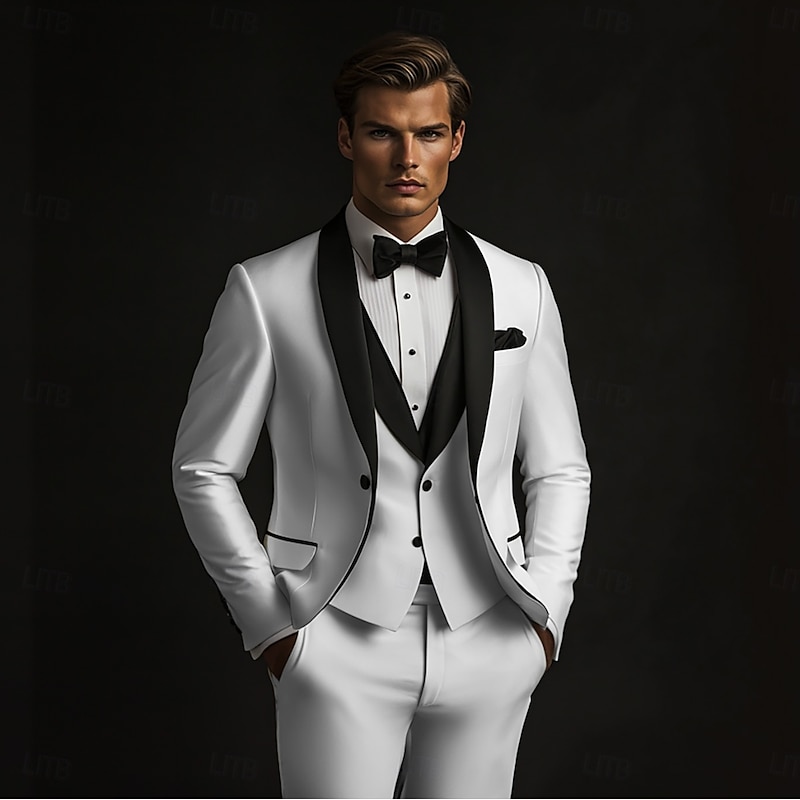 Men's Wedding Prom Party Suits White Fashion Formal Solid Colored Standard Fit 3 Piece Single Breasted One-button