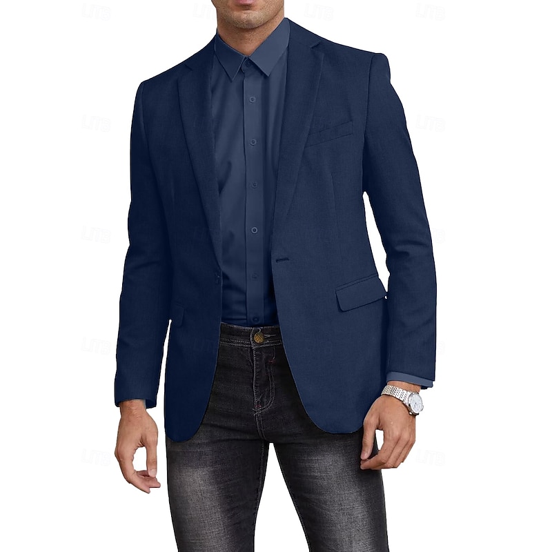 Men's Blazer Jacket Linen Blazer Notch Collar Fashion Casual Solid Colored Blazer Black Sky Blue Dark Blue Standard Fit Single Breasted One-button