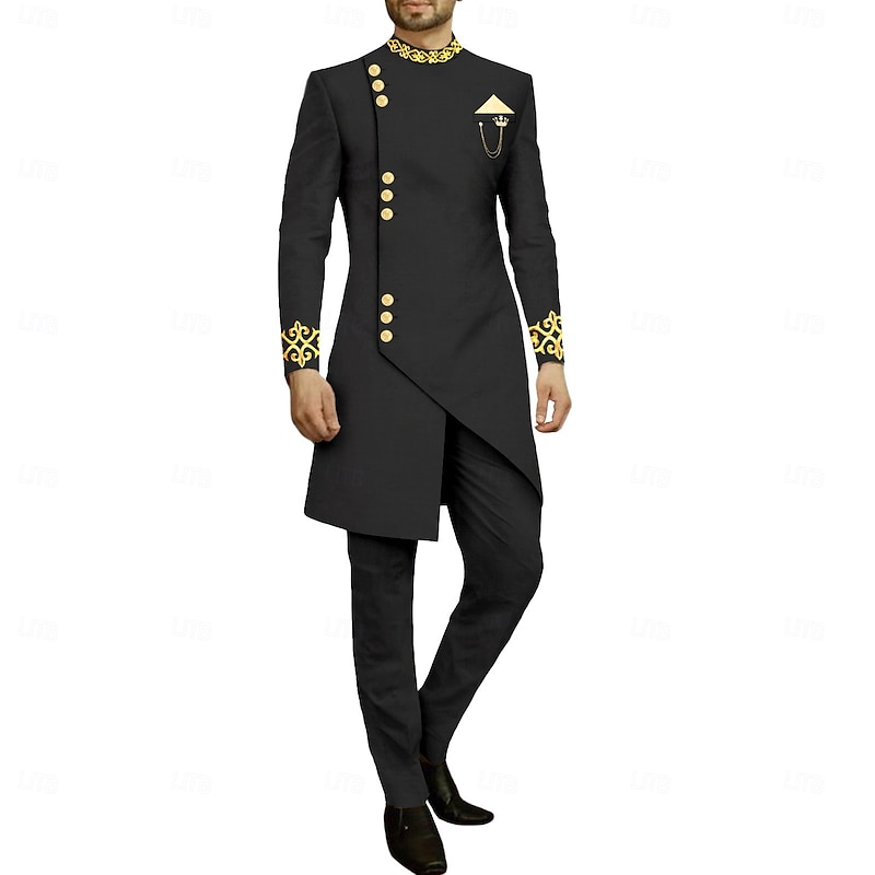 Men's Africa Festival Party Suits Black White Fashion Solid Colored Standard Fit 2 Piece Single Breasted More-button2