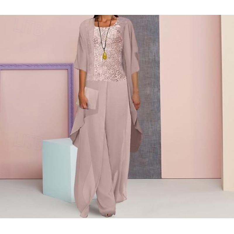 Beach Wedding Pantsuit 3 Piece Mother of the Bride Formal Wedding Guest Elegant Plus Size Scoop Neck Floor Length Chiffon Lace Sleeveless with Appliques4