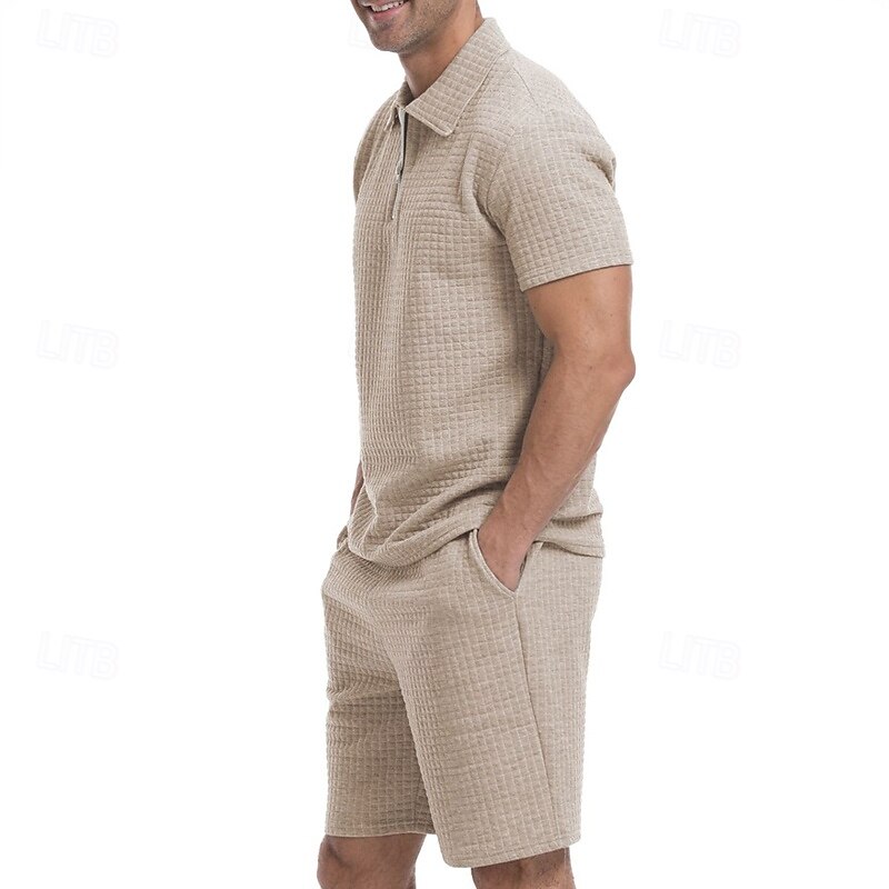 Men's Waffle Tracksuit Polo Shirt & Shorts Set Outfit Set Polo Collar Quarter Zip Outdoor Daily Sports Pocket Drawstring 2 Piece Plain Black White Khaki Polyester Activewear Classic Casual Summer3