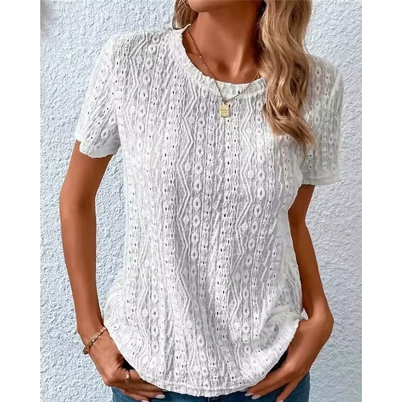 Women's Blouse Lace Tops Plain Daily Stylish Basic Short Sleeve Crew Neck Regular Tops Work Daily Holiday Hollow Out White Beige Summer Spring