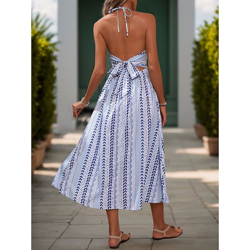 Women's Midi Dress Casual Dress Slip Dress Stylish Casual Vacation Daily Regular Fit Geometric Sleeveless Strap Blue Summer2