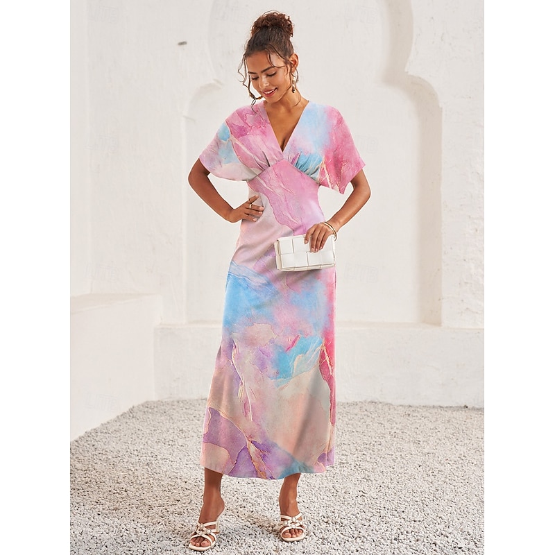 Women's Midi Dress Sheath Dress Elegant Flared Sleeve Vacation Casual Date Regular Fit Ombre Short Sleeve V Neck Pink Summer