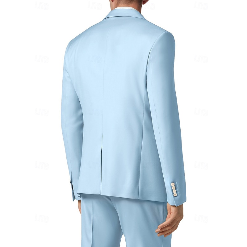 Men's Wedding Suits Sky Blue Light Grey Solid Colored Standard Fit 3 Piece Single Breasted One-button2