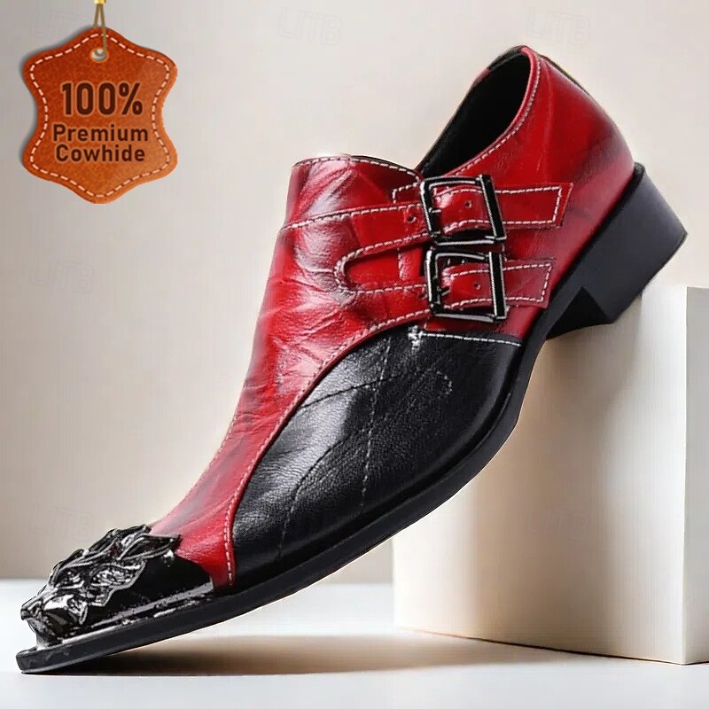 Men's Premium Cowhide Leather Double Buckle Loafers with Gold Tip Bold Red and Black Design and Lion Head Detail–Stylish Slip-On Shoes for Fashion-Forward Men and Special Occasions