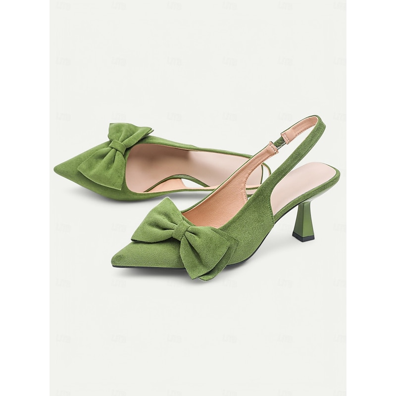 Women's Green Suede Slingback Heels – Pointed Toe Kitten Heels with Bow Detail, Elegant Pumps for Parties & Office Wear