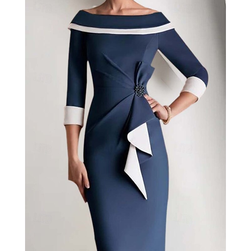 Sheath / Column Mother of the Bride Dress Elegant Vintage Simple Off Shoulder Tea Length Crepe 3/4 Length Sleeve Jacket Dresses with Ruffles Color Block Race Day Dress3