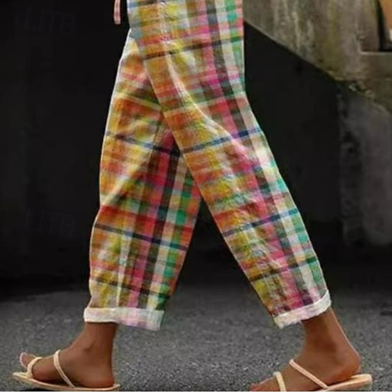 Women's Cotton Linen Pants Baggy Pants Linen Like Fashion Full Length Mid Waist Layered Print Micro-elastic Casual Daily Buff Summer Regular Fit3