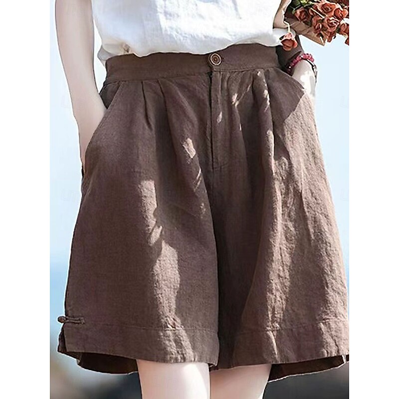 Women's Linen-Inspired Shorts Cotton Linen Pants Culottes Wide Leg Fashion Streetwear Basic Knee Length Medium Waist Plain Pocket Drawstring Comfort Outdoor Micro-elastic Vacation Street Daily rice3