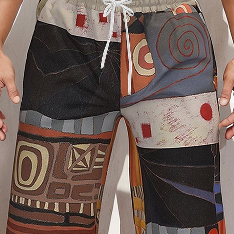 Men's Abstract Geometic Ethnic Trousers Baggy Pants Casual Pants Mid Waist Vintage Retro Outdoor Holiday Drawstring Elastic Waist Wide Leg Summer Spring 3D Print Gray2