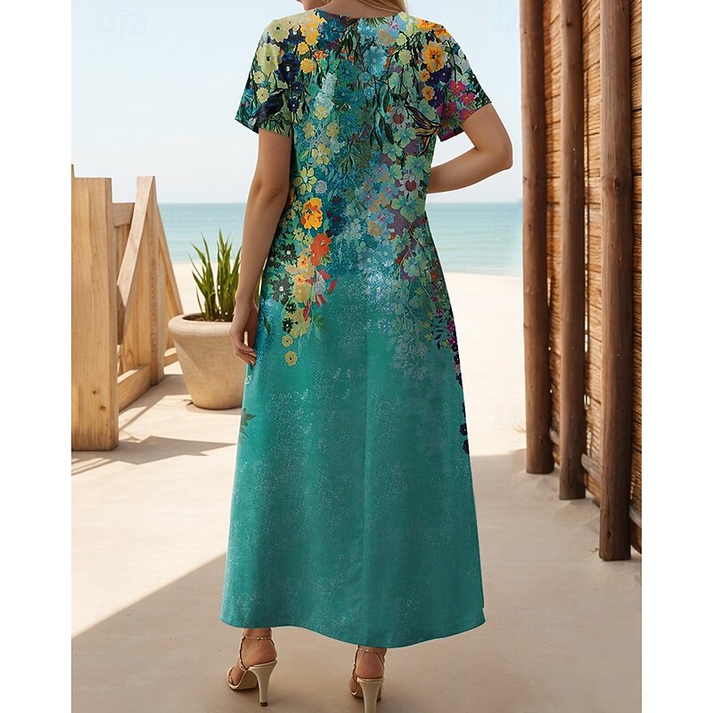 Women's Maxi Dress T Shirt Dress Tee Dress Sundress Shift Dress Elegant Vacation Vintage Vacation Party Holiday Regular Fit Floral Vintage Short Sleeve Crew Neck Peacock Blue2