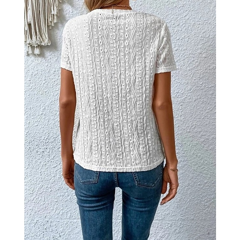 Women's Blouse Eyelet top Lace Tops Plain Daily Stylish Basic Short Sleeve Crew Neck Regular Tops Work Daily Holiday Hollow Out Black White Orange Summer Spring4