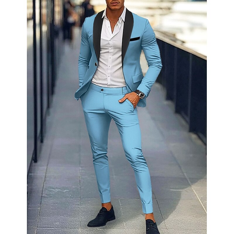 Men's Wedding Party Suits Sky Blue Green Fashion Daily Solid Colored Tailored Fit 2 Piece Single Breasted One-button - Main Image
