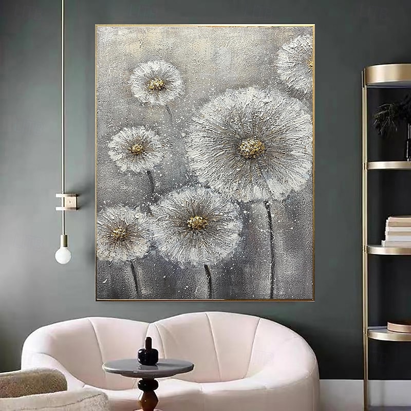 Handmade Oil Painting Canvas Acrylic Wall Art Decoration Abstract Gray Texture Dandelion Flowers for Living Room Home Decor Rolled Frameless Unstretched Painting3