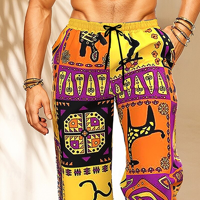 Men's Patchwork Ethnic Trousers Baggy Pants Casual Pants Mid Waist Vintage Retro Tribal Outdoor Holiday Drawstring Elastic Waist Wide Leg Summer Spring 3D Print Yellow2