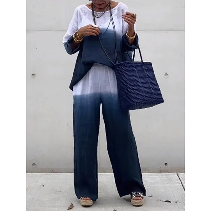 Women's Fashion Streetwear Daily Shirt Wide Leg Pants Long Sleeve Crew Neck Ombre Drawstring Casual Daily Dark Navy Sky Blue Brown Summer Regular Fit2