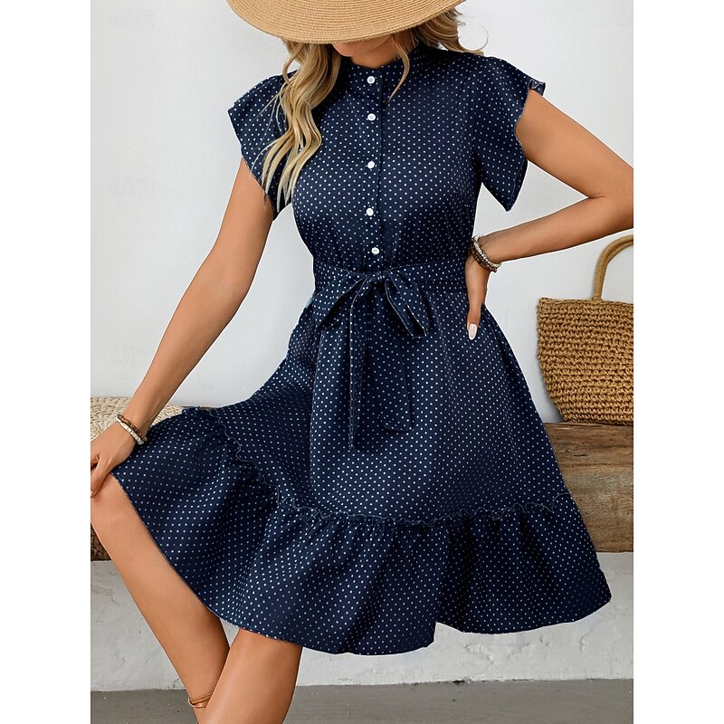 Women's Mini Dress Shirt Dress Casual Dress A Line Dress Stylish Casual Vacation Daily Regular Fit Polka Dot Short Sleeve V Neck Magenta Pink Navy Blue Blue Summer
