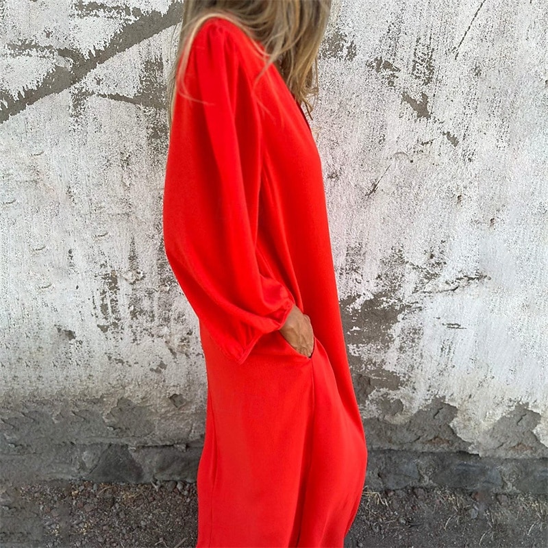 Women's Long Dress Maxi Dress Casual Dress Maxi Dress Summer Dress Stylish Casual Lantern Sleeve Vacation Daily Date Regular Fit Plain Long Sleeve V Neck Pink Red Khaki Summer Spring2