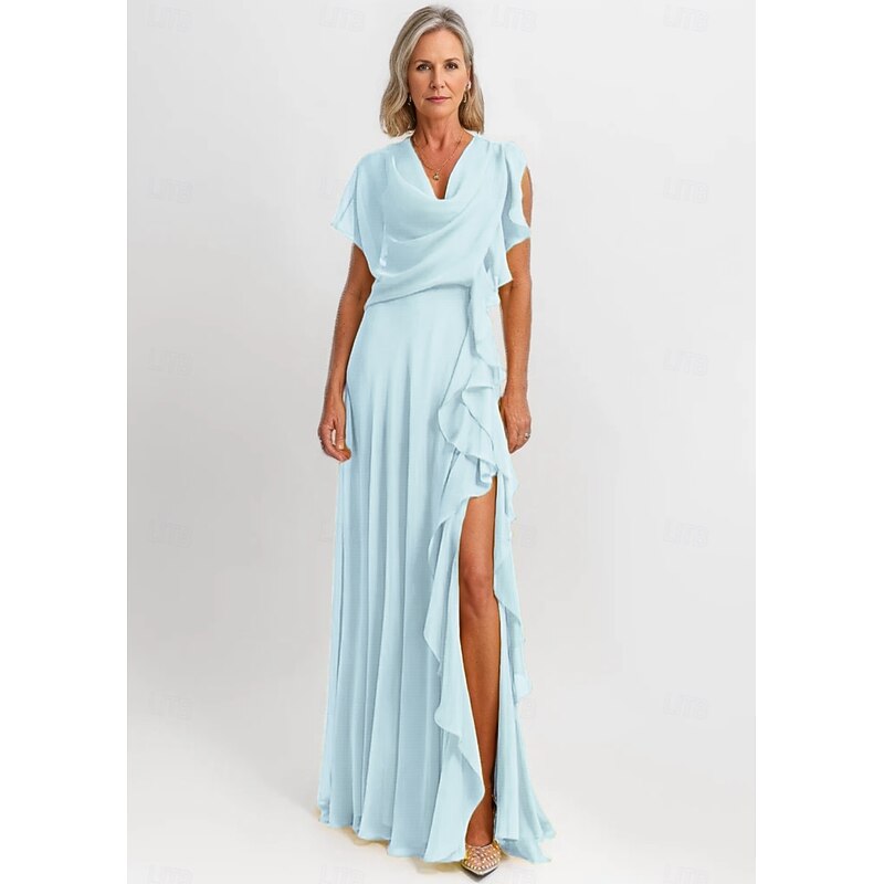 Ruffles A-Line Dress Mother of the Bride Dress Elegant Vintage Jewel Neck Floor Length Chiffon Short Sleeve with Tier Cascading4