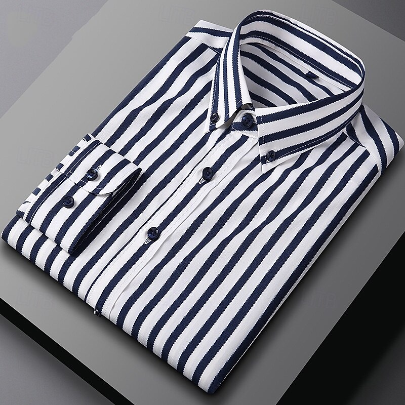 Men's Shirt Dress Shirt Button Up Shirt Stripes Wedding Party Light Blue Navy blue+white Black White Long Sleeve Lapel Spring Fall Clothing Apparel Buttons3