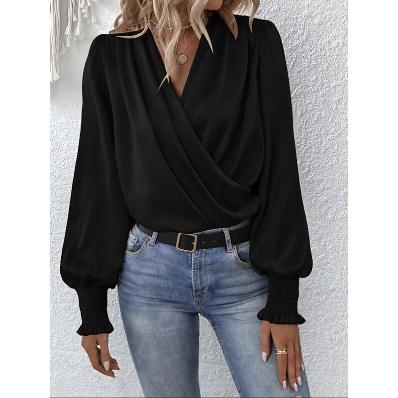 Women's Shirt Elegant Dressy Satin Solid Color Stylish Casual Long Sleeve Asymmetrical Regular Tops Daily Ruched Black White Pink Khaki Summer Spring2