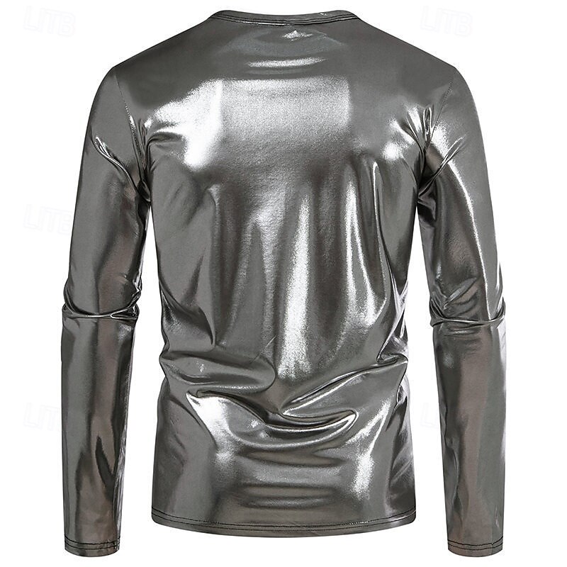 Men's Tee Tee Top Long Sleeve Shirt Long Sleeve Crew Neck Spring &  Fall Plain Fashion Designer Shiny Metallic Vacation Street Going out Silver Green Red Top Tee for Men4