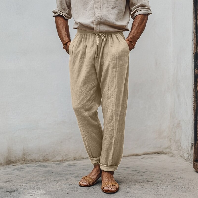 Men's Linen Pants Trousers Summer Pants Pocket Drawstring Elastic Waist Plain Comfort Breathable Full Length Outdoor Work Daily Fashion Classic Style Black Navy Blue Micro-elastic2