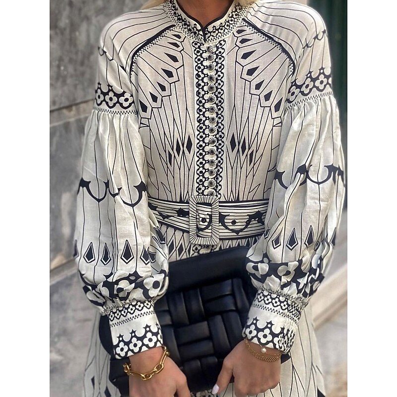 Women's Midi Dress Corset Dress A Line Dress Puff Sleeve Dress Vacation Semi Formal Formal Vacation Work Regular Fit Graphic Short Sleeve High Neck White Summer2