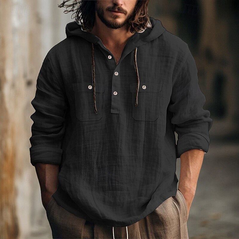 Men's Shirt Linen Shirt Summer Shirt Beach Shirt Hooded Shirt Plain Casual Daily Black White Blue Brown Long Sleeve Hooded Spring & Summer Clothing Apparel3