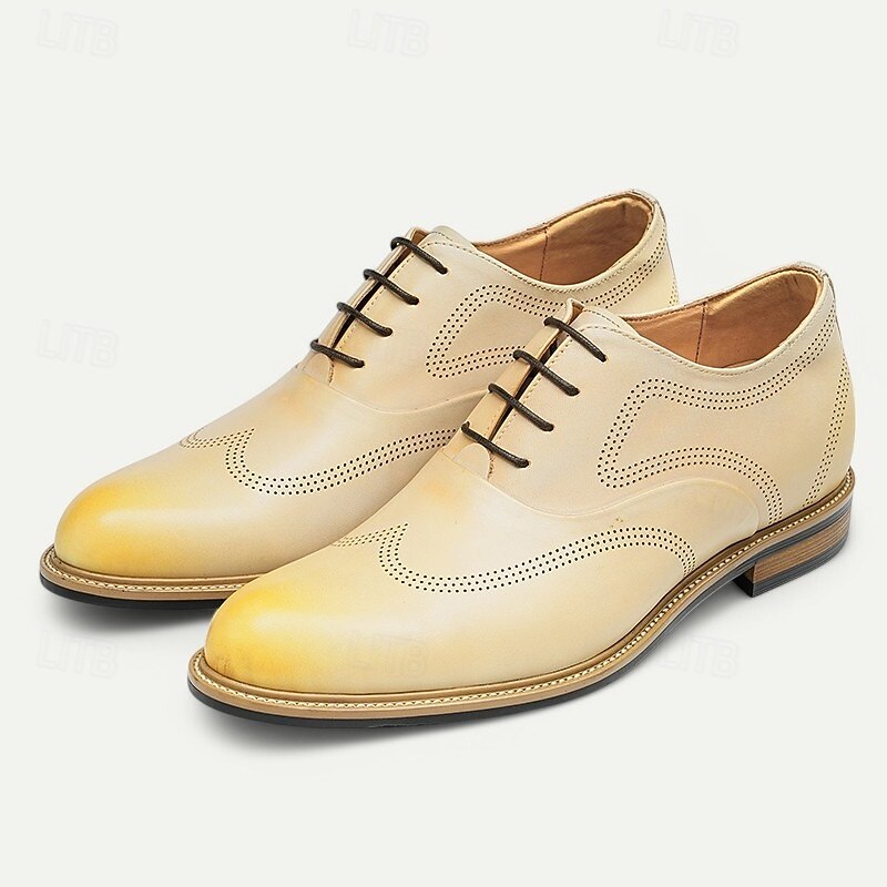 Men's Beige Premium Cowhide Lace-Up Brogue Shoes with Perforated Detailing, Formal Style for Weddings and Business Events2