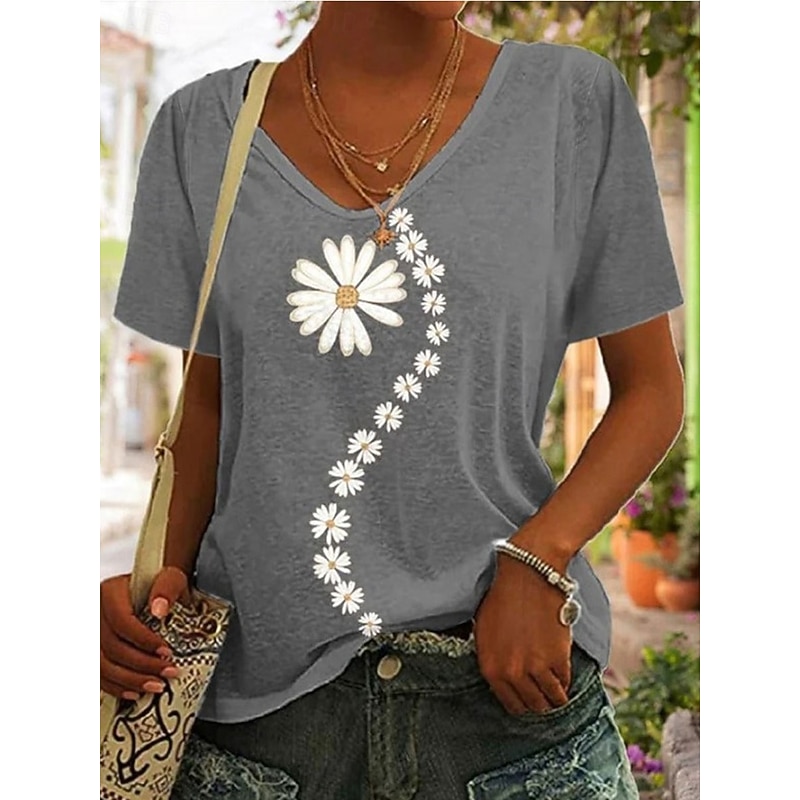 Women's T Shirt Floral Casual Short Sleeve V Neck Regular Tops Daily Print Gray Summer